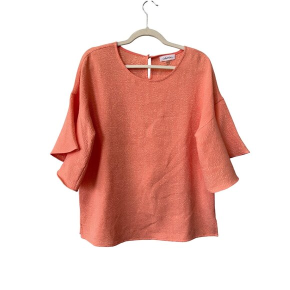 Calvin Klein Blouse Size Medium Textured Bell Sleeve Keyhole Back Coral Office - Picture 1 of 6